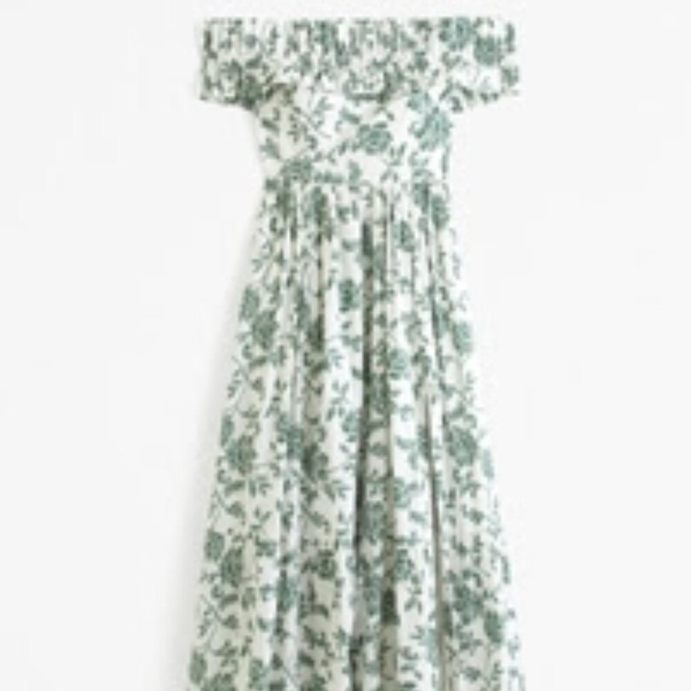 Abercrombie Green Floral Off-The-Shoulder Ruffle Midi Dress SP BNWT
